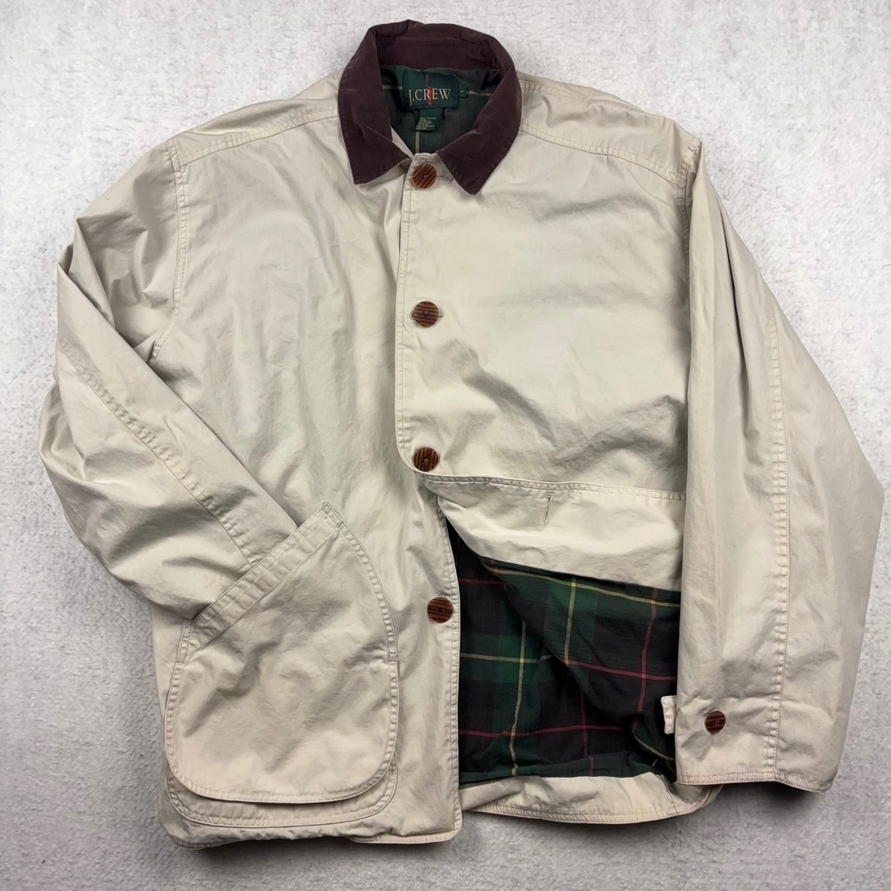 VTG J.Crew Oarsman Chore Jacket Men's Large Plaid Lined Corduroy Collar Beige